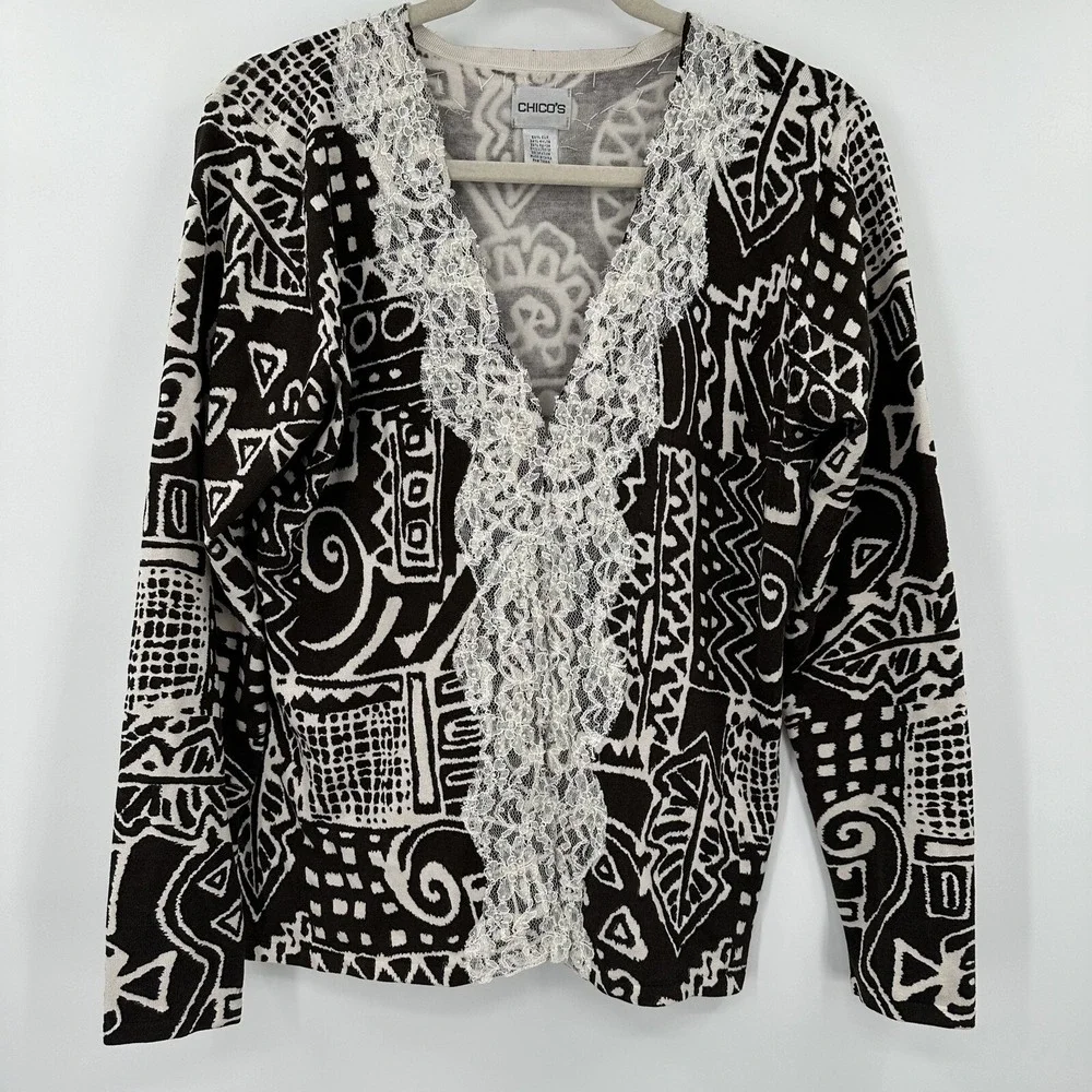 Chico's Brown Tribal Lace Beaded Silk Blend Sweater Size 2‎ Large
